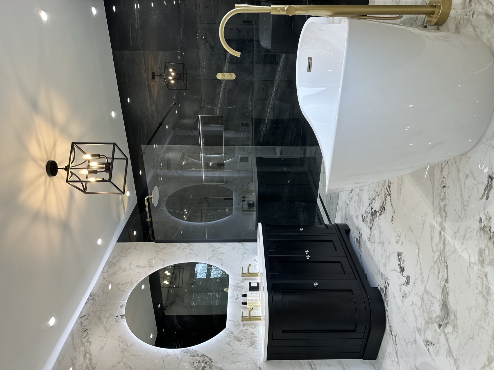 Luxury marble bathroom with freestanding bath, fitted by JBR Bathrooms, Dublin